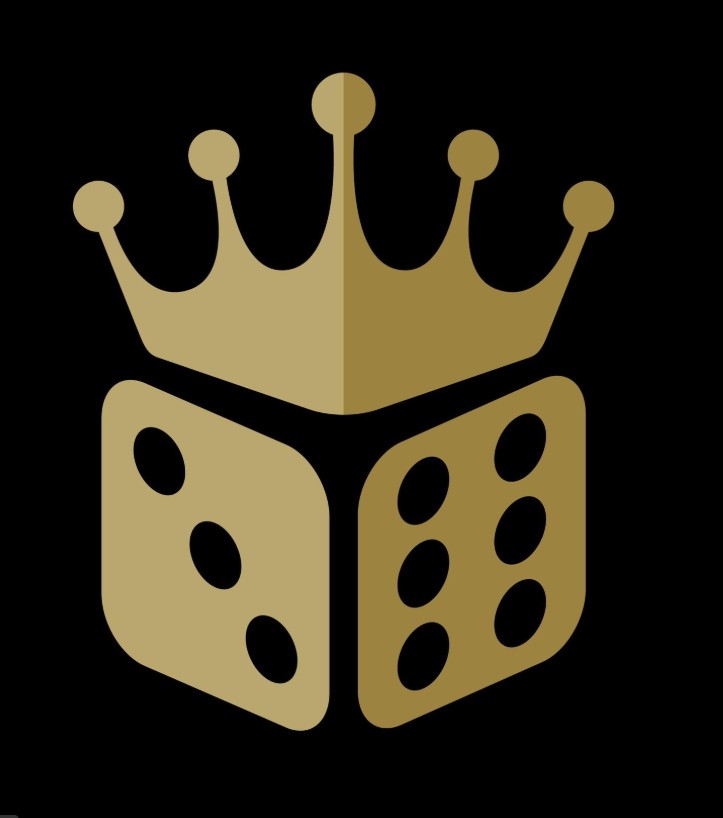 A stylized logo featuring a gold crown and dice, set against a black background.